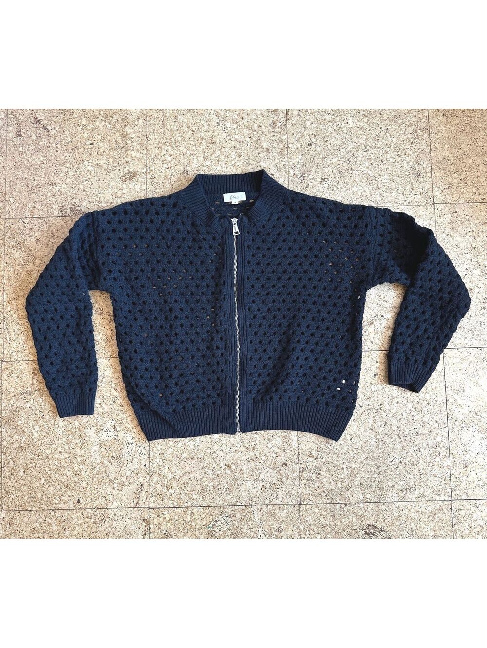 Elan Aster Crochet Full Zip Cardigan Women's Large Black Open Knit Bomber Boho